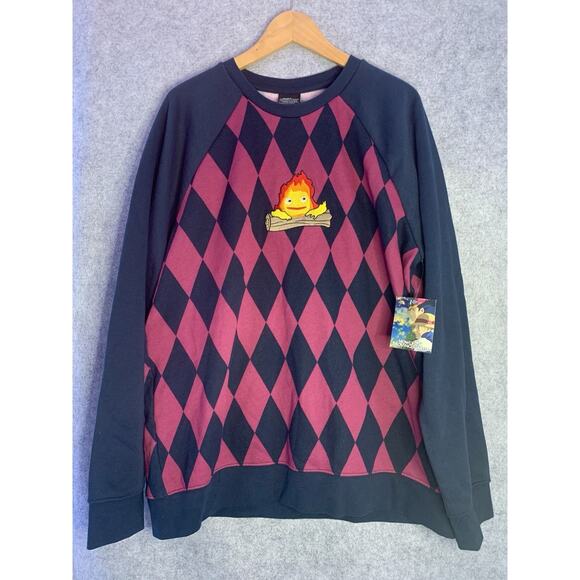 NWT Studio Ghibli Howl’s Moving Castle Calcifer Argyle Sweatshirt Men’s XL - Picture 2 of 10